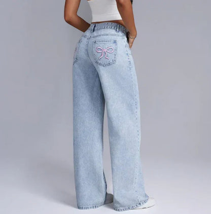 Wide-Leg Denim Jeans – Pink Bow – Regular Fit