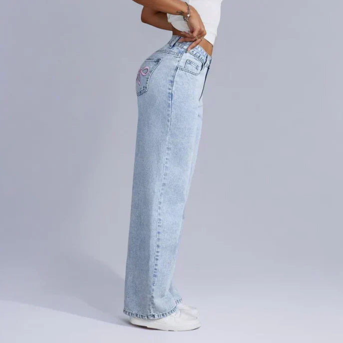 Wide-Leg Denim Jeans – Pink Bow – Regular Fit